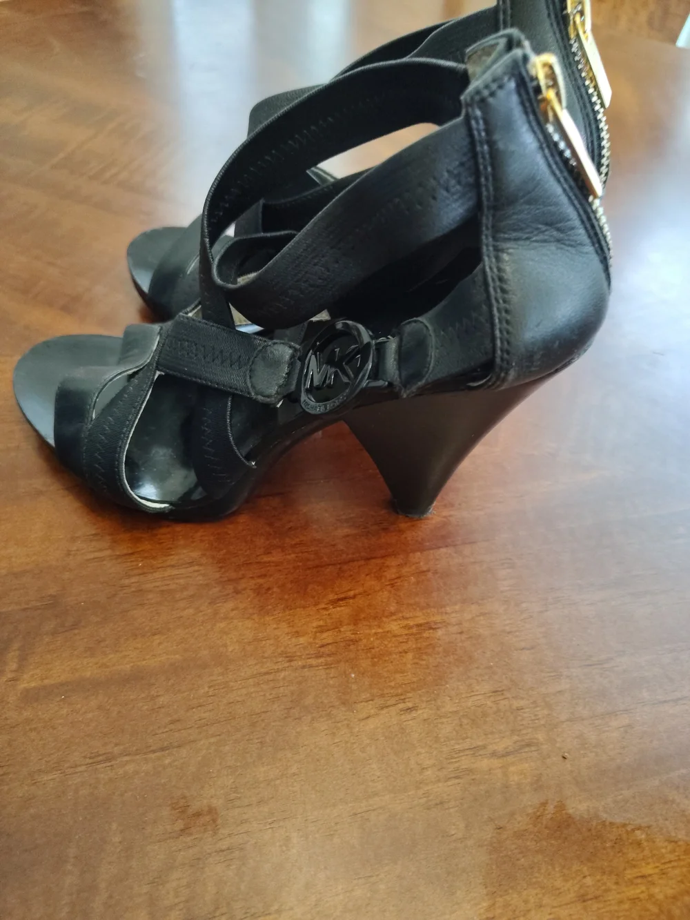 Michael Kors Black Leather Strappy Sandals Gold Zipper MK‎ Logo Cone Heels